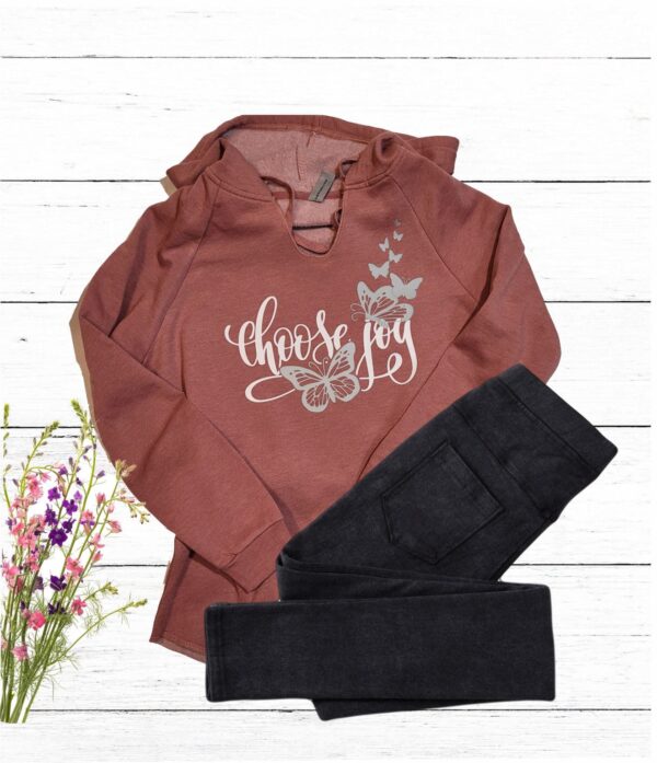 choose joy graphic hoodie in dusty rose with choose joy in white and with silver butterflies