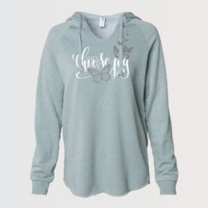 choose joy graphic text ladies hoodie in sage green, graphics in white and silver