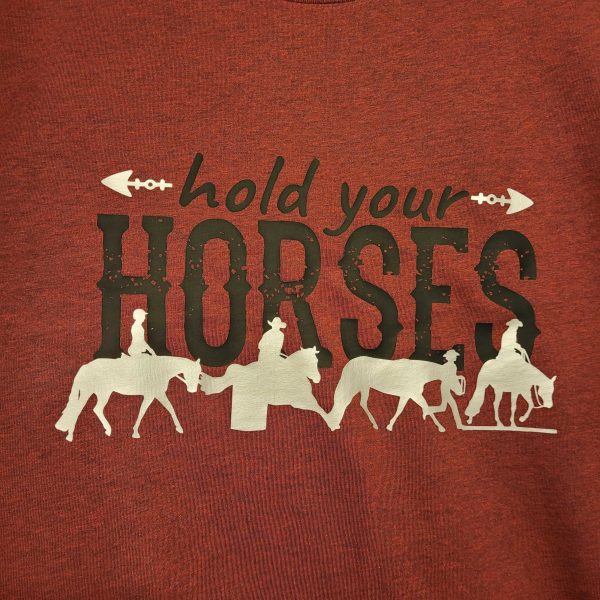 hold your horses graphic t-shirt close up of cardinal heather option