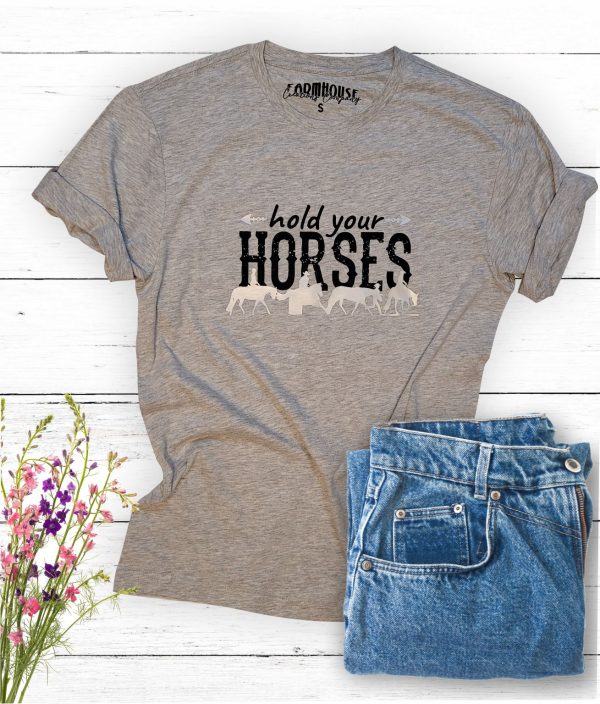 hold your horses graphic t-shirt mockup sport grey with a pair of jeans