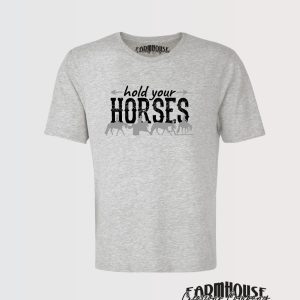 hold your horses graphic t-shirt in sport grey, front view with graphic text in matt black and horse graphics in silver