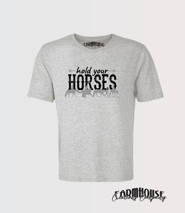 hold your horses graphic t-shirt in sport grey, front view with graphic text in matt black and horse graphics in silver